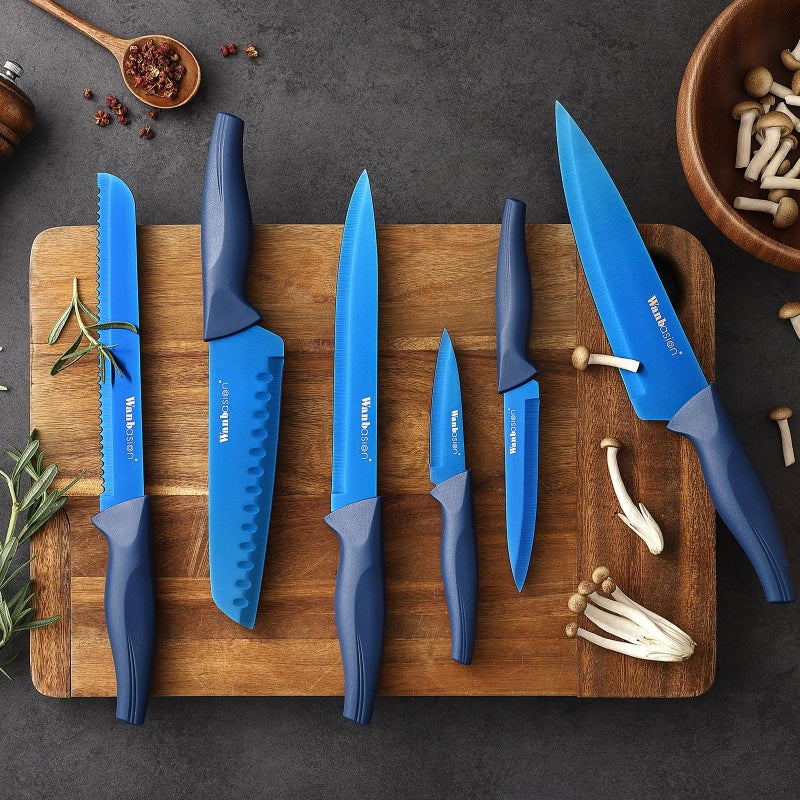 Wanbasion Blue Professional Kitchen Knife Chef Set, Stainless Steel, Dishwasher Safe with Sheathes - Image 2